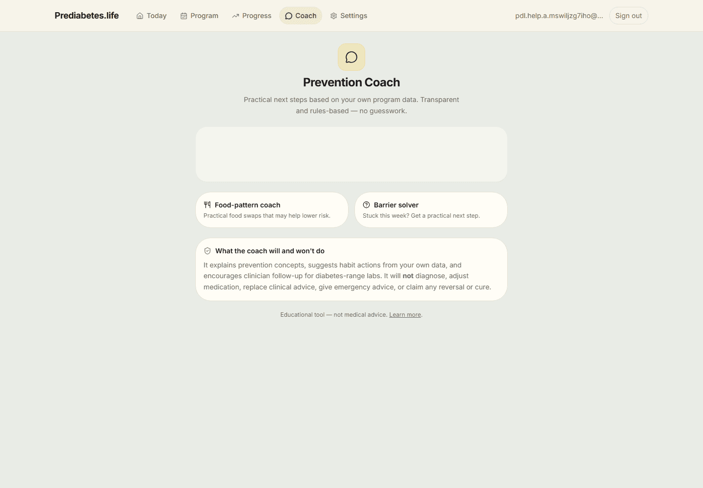 Prevention Coach screen with Food-pattern coach and Barrier solver cards, and a "What the coach will and won't do" explanation.