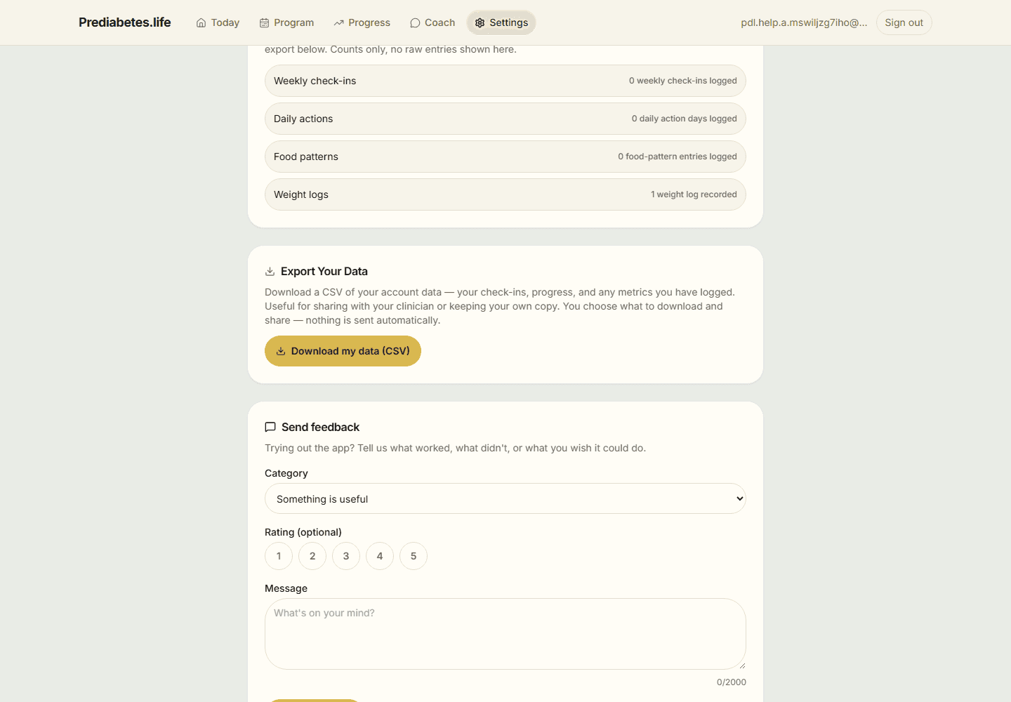 Settings showing counts of weekly check-ins, daily actions, food patterns, and weight logs, and an Export Your Data card with a Download my data (CSV) button.