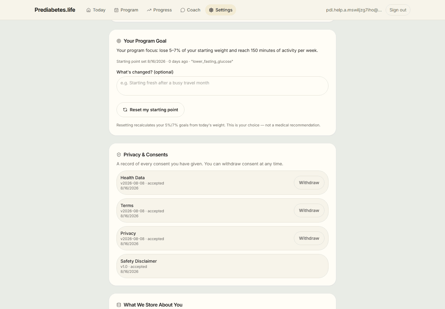 Settings showing the Your Program Goal reset control and a Privacy & Consents list (Health Data, Terms, Privacy, Safety Disclaimer) each with a Withdraw action.