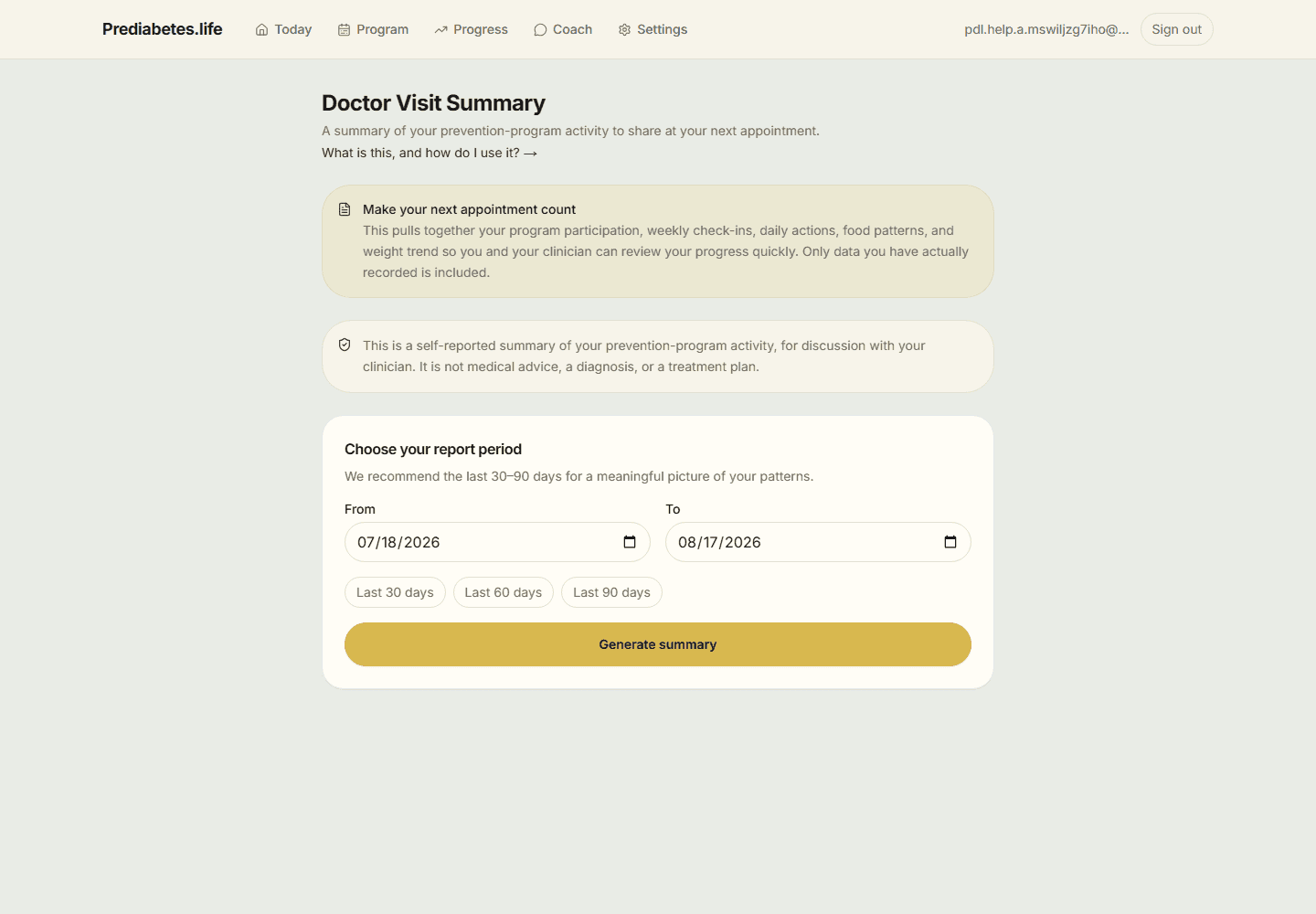Doctor Visit Summary screen explaining the report is self-reported and not medical advice, with a report-period picker and Generate summary button.