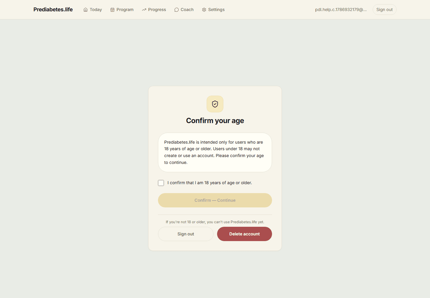 Confirm your age screen with an 18-or-older confirmation checkbox and a Confirm — Continue button.