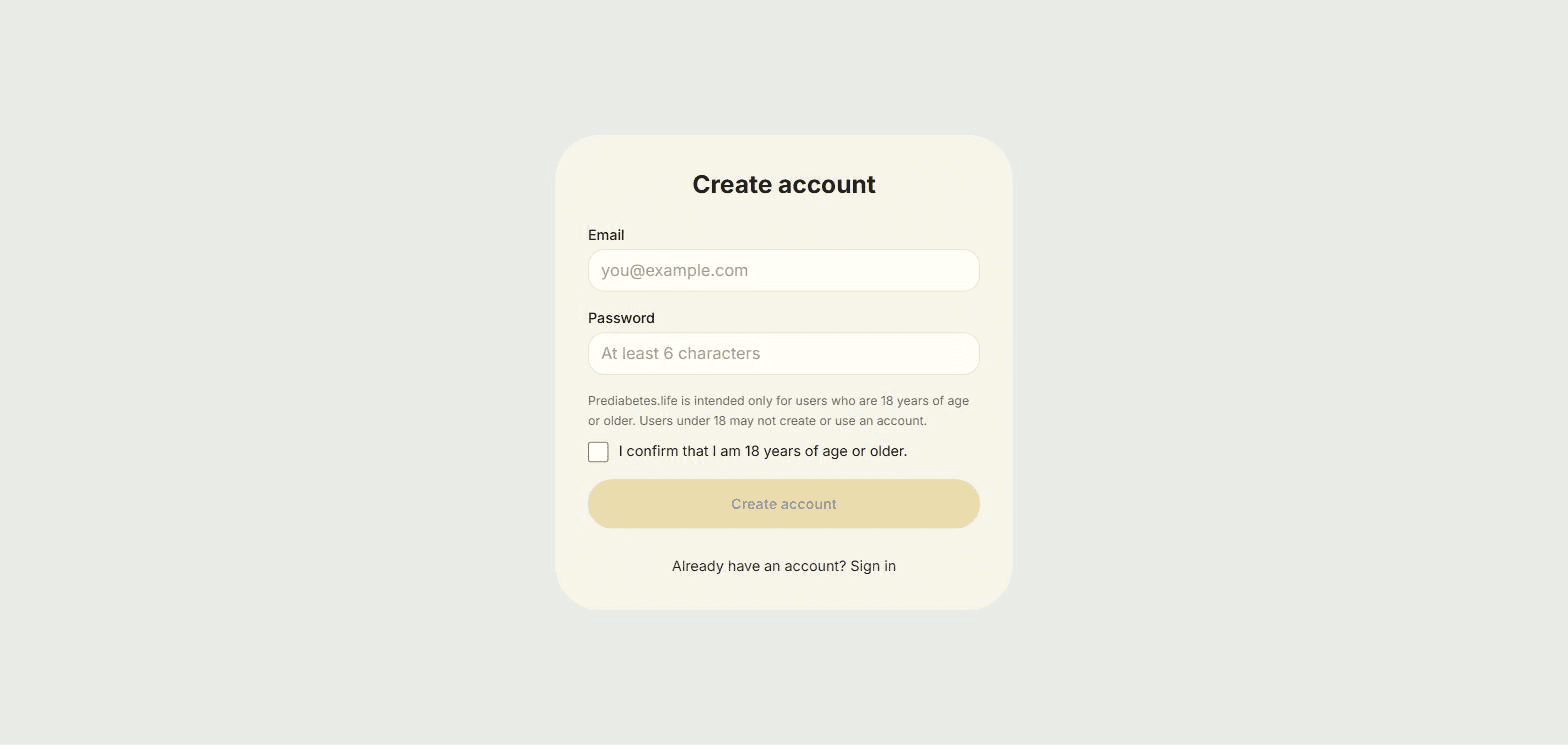 Create account form with Email and Password fields and an 18-or-older confirmation checkbox.