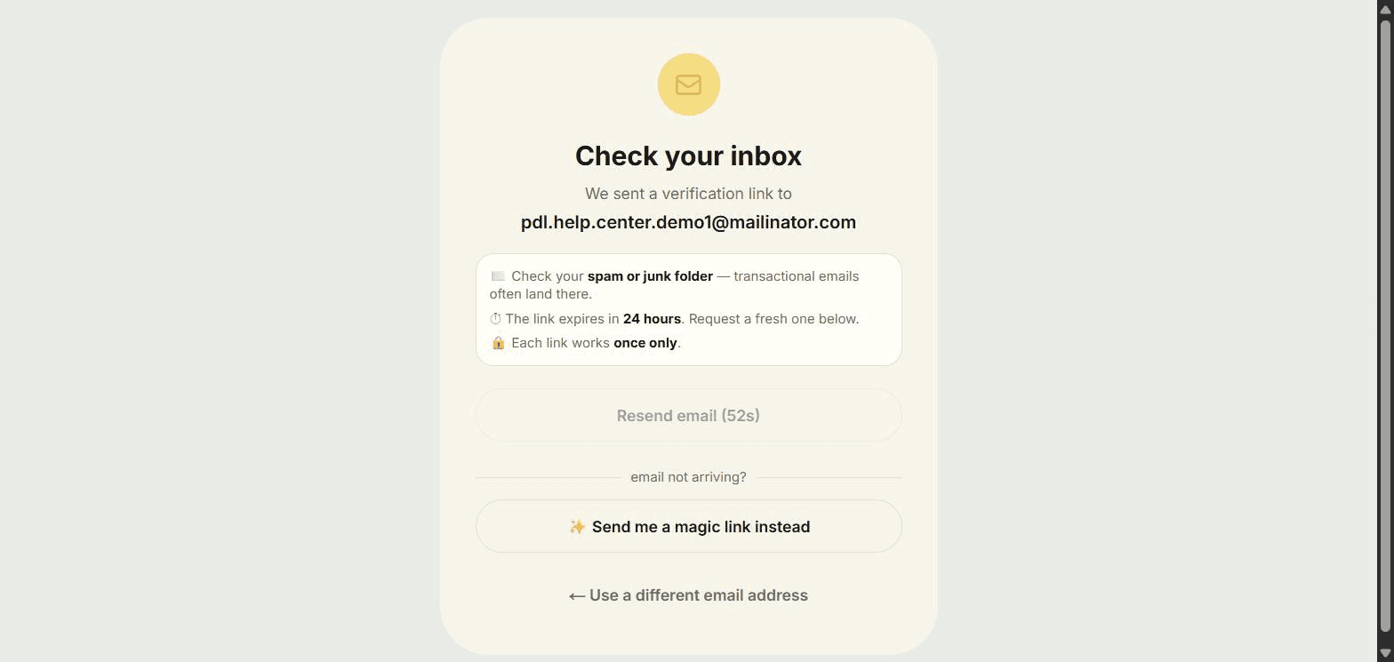 Check your inbox screen confirming a verification link was sent, with options to resend the email or request a magic link instead.