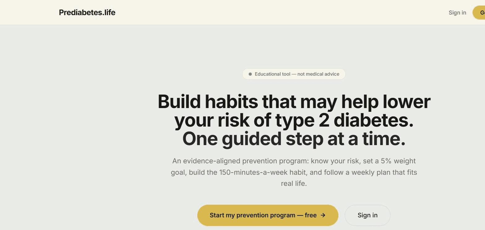 Prediabetes.life homepage with the headline "Build habits that may help lower your risk of type 2 diabetes" and a "Start my prevention program — free" button.