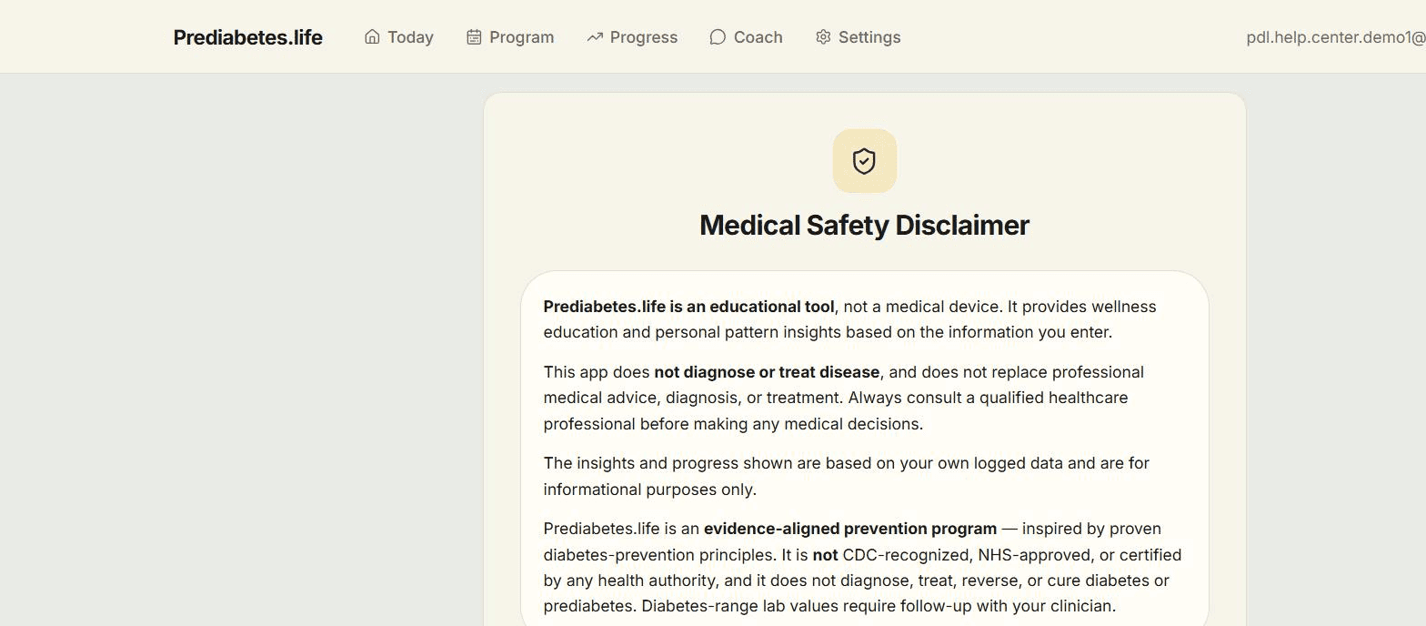 Medical Safety Disclaimer explaining Prediabetes.life is an educational tool, not a medical device, with an understanding checkbox.