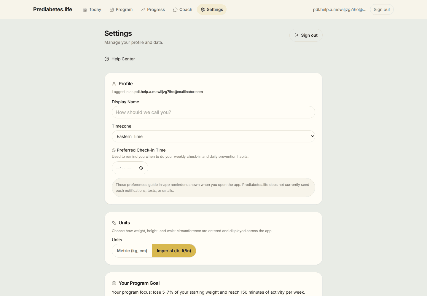 Settings screen with the top navigation showing Today, Program, Progress, Coach, and Settings, and a Help Center link.