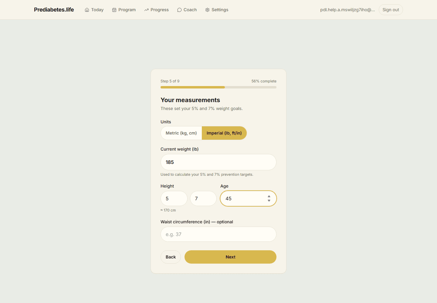 Onboarding measurements step set to Imperial units, showing weight in pounds and height as separate feet and inches fields.