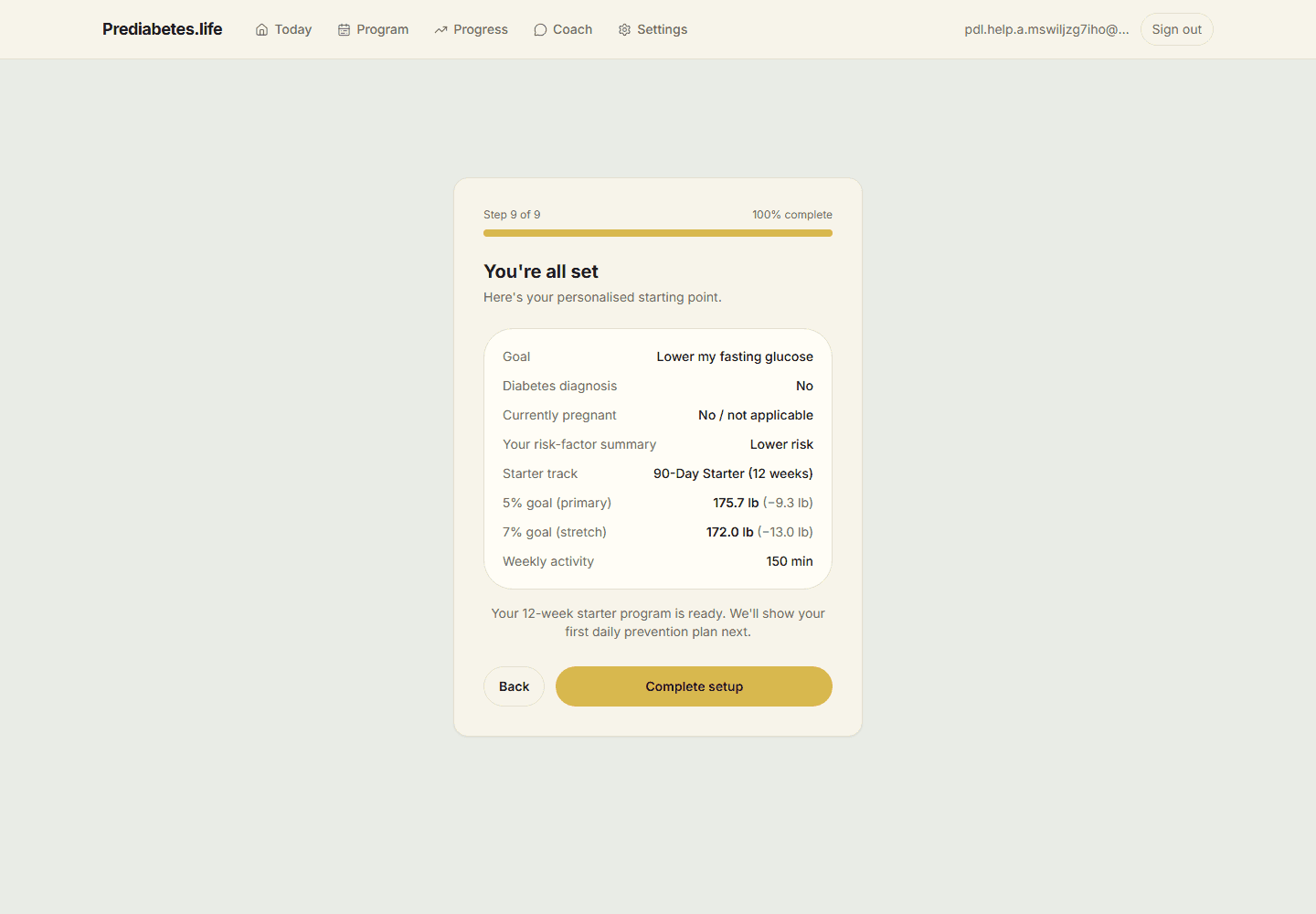 Onboarding review screen "You're all set" showing goal, diabetes diagnosis, risk-factor summary, starter track, and 5%/7% weight goals.