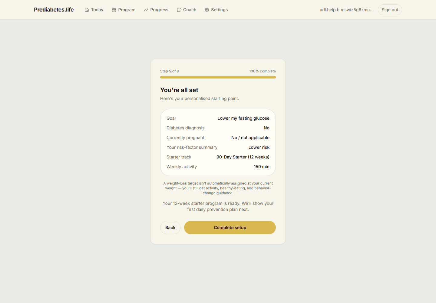 Review screen without 5%/7% targets, showing goal, diabetes diagnosis, risk-factor summary, starter track, and weekly activity, plus a note that a weight-loss target isn't automatically assigned.