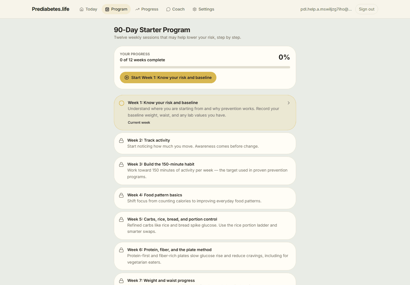 90-Day Starter Program screen showing progress (0 of 12 weeks complete), the current Week 1 module, and locked upcoming weeks.