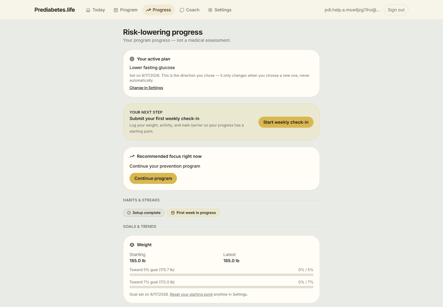 Risk-lowering progress screen showing the active plan, next-step check-in prompt, habits and streaks, and a weight goal card.