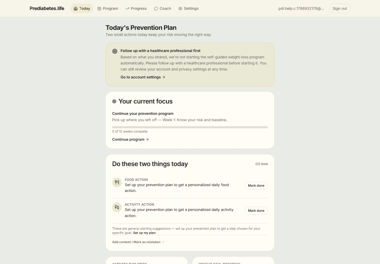 Today's Prevention Plan showing a "Follow up with a healthcare professional first" note above general food and activity suggestions.